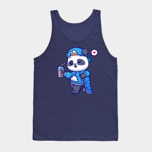 Cute Panda Drink Boba Milk Tea With Skateboard Cartoon Tank Top